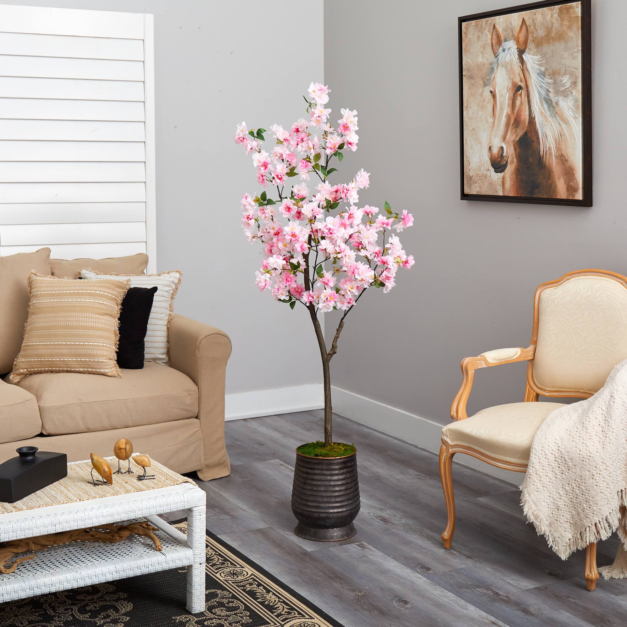 5.5ft. Cherry Blossom Tree in Ribbed Metal Planter